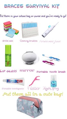 Braces Care Kit, Dos And Donts With Braces, Braces Information, Braces Survival Kit For School, Braces Kit Survival, Types Of Braces For Teeth, Braces Tips Colors, Cute Color For Braces, Things You Need For Braces