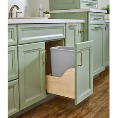 a kitchen with green cabinets and an open trash can in the middle of the cabinet