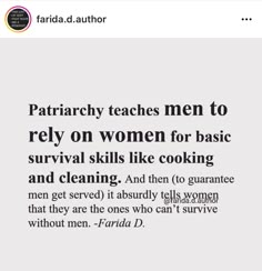 the text on this page reads, patrick teaches men to rely women for basic survival skills like cooking and cleaning