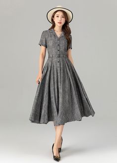 Old Fashioned Womens Clothing, Vintage Collared Dress, Collared Dresses For Women, Collared Button Down Dress, Dress With Collar And Sleeves, Notched Collar Dress, Knee Length Dresses Casual Classy, Mid Length Dress Outfit, Collar Dresses For Women