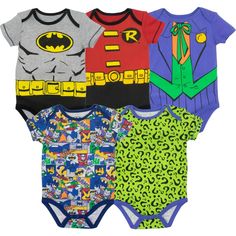 five baby bodysuits with batman designs on them, all in different colors and sizes