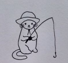 a drawing of a cat wearing a hat and holding a fishing rod