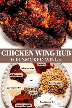 chicken wings with spices and seasonings on the side, in different stages of cooking