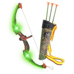 an image of a bow and arrow set up on a white background with green lights