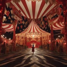 a person standing in front of a large circus tent with red and white striped walls