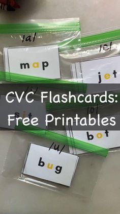 three clear plastic bags filled with free printable cvc flashcards for the classroom