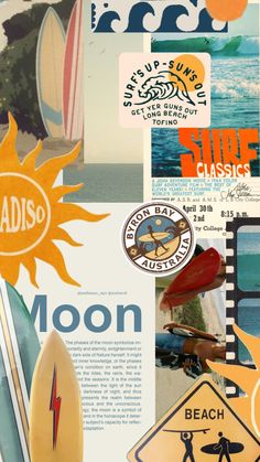 collage of surfboards and stickers with the sun in the sky above them