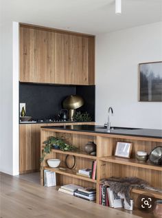 a kitchen with wooden cabinets and black counter tops, along with bookshelves filled with plants