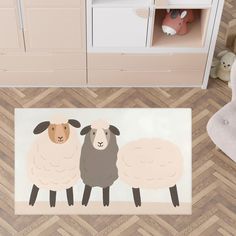 three sheep standing next to each other on a rug in front of a cabinet and floor