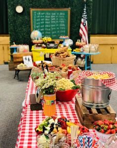 a buffet table with many different foods on it