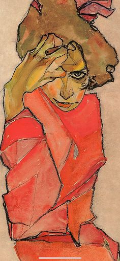 a drawing of a woman in an orange dress with a brown hat on her head