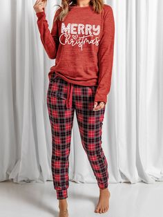 Fiery Red MERRY Christmas Graphic Top Plaid Pants Set Material: 97% Polyester + 3% Elastane Style: Casual Color: Red Pattern: Plaid Neckline: Round Neck Silhouette: Shift Sleeve Length: Long Sleeve Waist Line: High Waist Occasion: Home, Daily This fiery red MERRY Christmas graphic top paired with plaid pants set is the ultimate outfit to spread holiday cheer and stay cozy during the winter season. Crafted from a skin-friendly fabric blend, this lounge set includes a long-sleeved top featuring a Merry Christmas Graphic, Two Piece Loungewear, Red Plaid Pants, Matching Lounge Set, Christmas Look, Comfortable Pajamas, Christmas Graphic, Plaid Pajamas, Holiday Pajamas