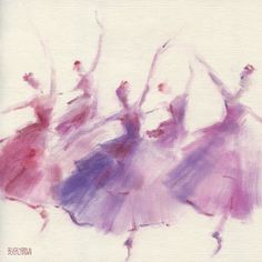 three ballerinas in pink and purple are dancing