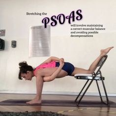 a woman is doing a yoga pose on a chair with the words psoas above her