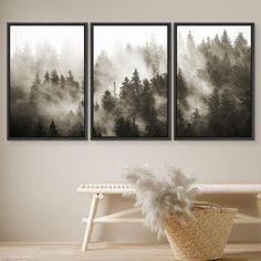 two black and white paintings hanging on a wall next to a bench in a room