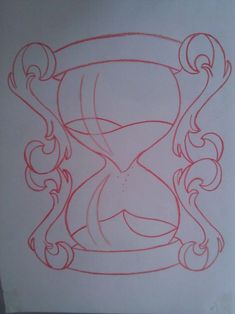 a drawing of an hourglass in red ink on white paper with scrolly edges