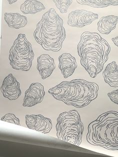 Oyster Shell Wallpaper in Cape Cod Grey on Natural Flax Background - Design No. Five Oyster Wallpaper, Shell Wallpaper, Coastal Wallpaper, Fresh Oysters, Hand Sketch, Bathroom Wallpaper, Modern Coastal, Coastal Cottage, Oyster Shell