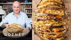 a man holding a large stack of food next to an image of bread on a cutting board