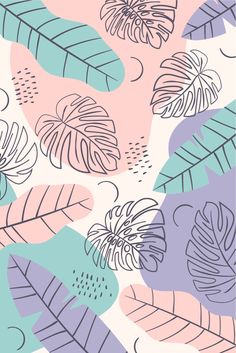 a colorful background with leaves and plants in pastel colors, including blue, green, pink