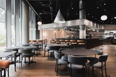 an empty restaurant with many tables and chairs