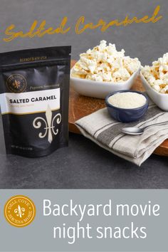 the ingredients to make baked caramel popcorn are displayed on a cutting board and in bowls