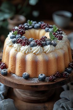 a cake with berries and cream frosting on a wooden stand next to some napkins