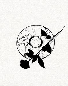 a black and white drawing of a cd with some leaves on the disc, saying same old song