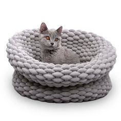 a cat is sitting in a knitted bed made out of white yarn and looking at the camera