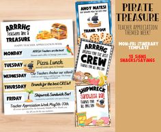 three different flyers for pirate treasures and their theme are displayed on a wooden table with text