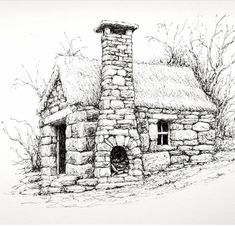 a drawing of a stone house with a thatched roof