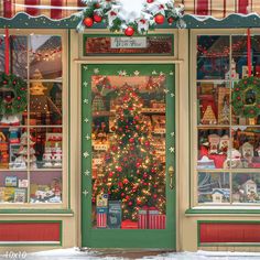 a christmas tree is in the window of a store