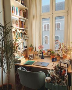 a desk with books and plants in front of two windows, next to a blue chair