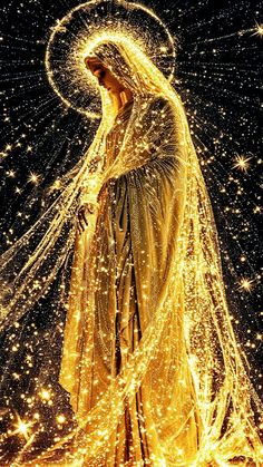 the virgin mary is surrounded by stars and sparkles in this artistic photo taken on christmas eve