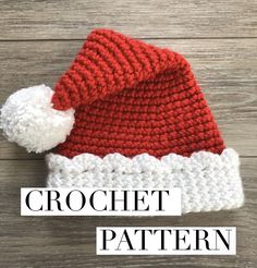 the crochet santa hat is on top of a wooden table with text overlay