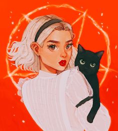 a painting of a woman holding a black cat in front of an orange background with stars