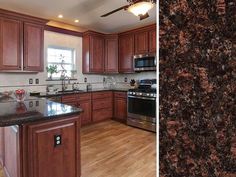 a kitchen with wooden cabinets and granite counter tops