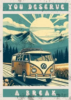 an old vw bus driving down the road with mountains in the background and sun rising above