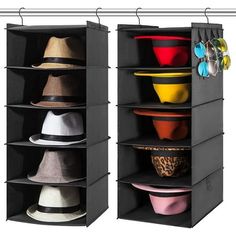 three shelves with hats and sunglasses hanging on hooks in front of each other, two are black