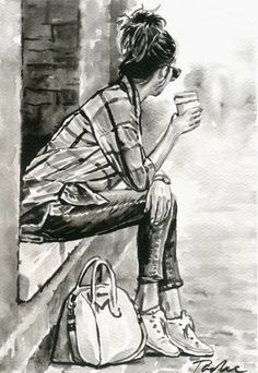 a black and white drawing of a person sitting on a ledge with a handbag