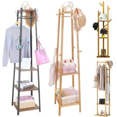 three wooden shelves with clothes and handbags on them