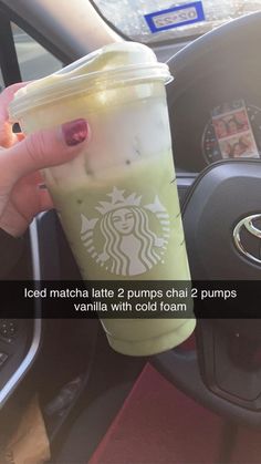 a person holding a starbucks drink in their hand with the caption iced matcha latte 2 purps chat 2 pumps vanilla with cold tea