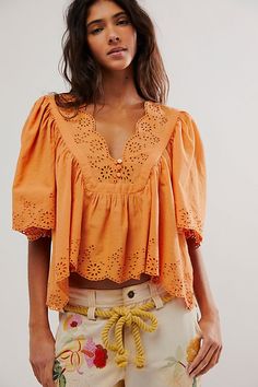 Boho Tops For Women, Feminine Tops, Top Spring Outfits, Slouchy Jeans, Coral Top, Free People Blouse, Feminine Top, Eyelet Top, Boho Blouse