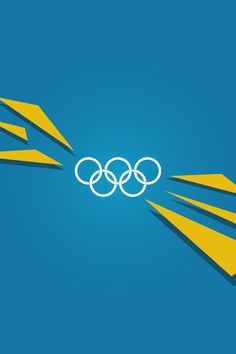 the olympic rings are flying through the air with yellow arrows in front of them on a blue background