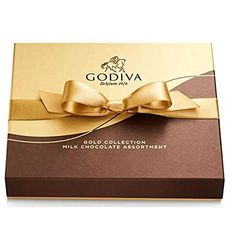 godiva milk chocolate assortment in a gift box with gold ribbon and bow on top