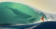 two dolphins swimming in the ocean next to a giant wave with an orange kite flying over it