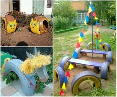 several pictures of different types of toys in the yard