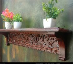 two potted plants are sitting on a shelf