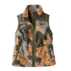 the women's camo flee vest is shown in green and brown, with an orange