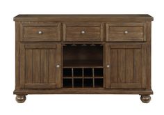 the sideboard is made from wood and has two wine racks on one end, and an open drawer at the bottom