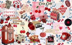 a collage of various items that include cherries, cards, and an old fashioned phone